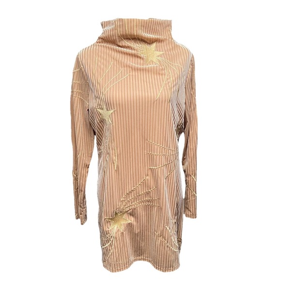 Judith March‎ Tan Velvet Ribbed Star Embroidered Cowl Neck Tunic Dress Small - Picture 6 of 7